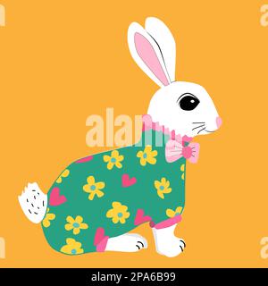 white rabbit in cartoon style in green suit Stock Vector