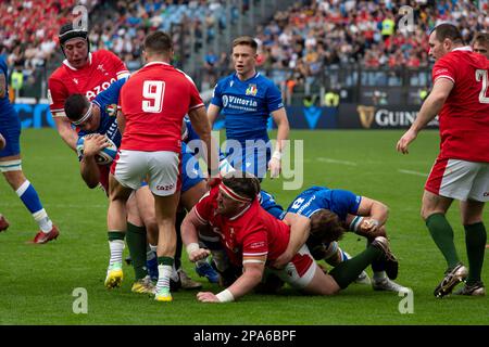 Rome, Italy 11th Mar, 2023. Ball challenging during Six Nations rugby match between Italy and Wales at Olympic Stadium in Rome. Photo Credit: Fabio Pagani/Alamy Live News Stock Photo