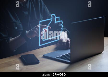 Man pressing on Like button. High quality photo Stock Photo
