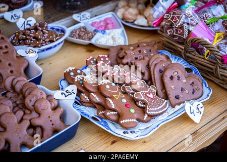 Various sweet dessert gingerbread on a market stall Stock Photo