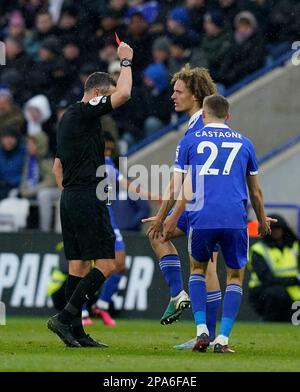 Leicester, UK. 11th Mar, 2023. Referee Andre Marriner shows a red card to Wout Fees of Leicester City during the Premier League match at the King Power Stadium, Leicester. Picture credit should read: Andrew Yates/Sportimage Credit: Sportimage/Alamy Live News Stock Photo