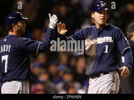 Milwaukee Brewers' J.J. Hardy (7), Corey Hart (1) and teammates celebrate a  4-2 win over the Houston Astros in a baseball game Tuesday, May 19, 2009,  in Houston. (AP Photo/Pat Sullivan Stock Photo - Alamy