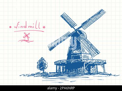 Old windmill and small tree, Blue pen sketch on square grid diary page, Hand drawn vector illustration Stock Vector