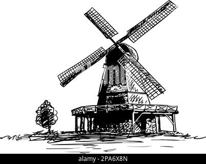 Sketch of old windmill  and small tree, Hand drawn vector illustration Stock Vector