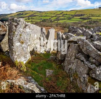 Gate in the walls of Carn or Garn Goch or Red Hill a walled Iron Age hill fort on the northern slopes of the Brecon Beacons South Wales UK Stock Photo