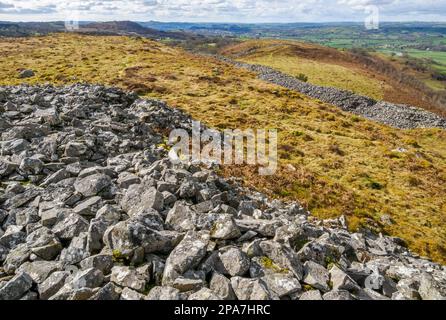 View from the central cairn of Carn or Garn Goch or Red Hill a walled Iron Age hill fort on the northern slopes of the Brecon Beacons South Wales UK Stock Photo