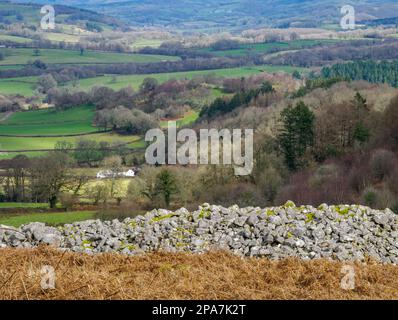 View of the Towy Valley from the stone rubble ramparts of Y Gaer Fawr on Carn Goch one of the largest Iron Age forts in the UK Brecon Beacons Wales Stock Photo