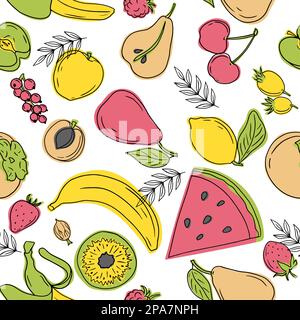 Seamless simple sketches of different kinds of fruits and berries. Vector freehand illustration isolated on white background Stock Vector