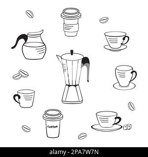 Black and white coffee illustration set. Coffee pot, milk jug, grains, glasses Stock Vector