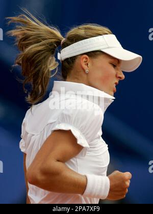 Russia's Maria Kirilenko reacts after scoring a point during her quarterfinals match at the Estoril Tennis Open against Italy's Tathiana Garbin in Oeiras, near Lisbon, Portugal, Friday, April 18, 2008. (AP Photo/Armando Franca)