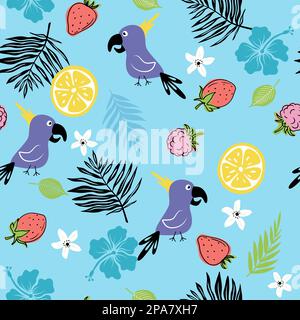 Summer seamless pattern with hand drawn doodle flowers, leaves, fruits and birds. Vector illustration. Stock Vector