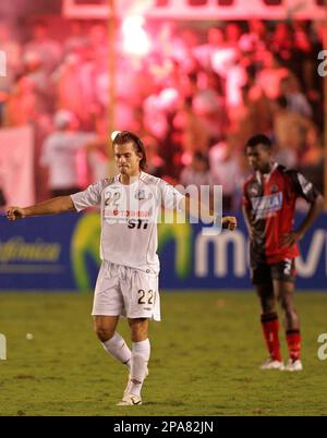 Brazil's Santos' players, from left, Mauricio Molina, Rodrigo Souto, Kleber  Pereira, Mariano Tripodi, Kleber, and Wesley, celebrate after scoring  against Colombia's Cucuta Deportivo during a Copa Libertadores soccer game  in Santos, Brazil