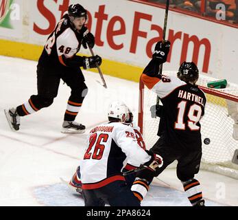 Philadelphia Flyers' Daniel Briere, left, and Mike Knuble celebrate Briere's  goal in the second period of