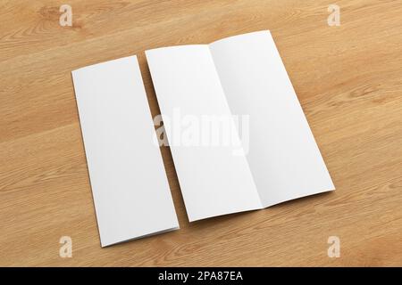 Half-folded flyer A4 vertical booklet mock up on wooden background. Side view Stock Photo