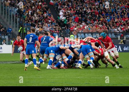 Rome, Italy 11th Mar, 2023. Scrum action during Six Nations rugby match between Italy and Wales at Olympic Stadium in Rome. Photo Credit: Fabio Pagani/Alamy Live News Stock Photo