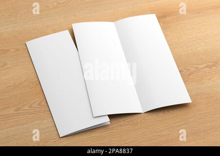 Half-folded flyer A4 vertical booklet mock up on wooden background. Side view Stock Photo