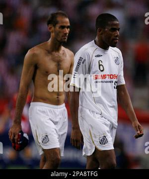 Brazil's Santos' players, from left, Mauricio Molina, Rodrigo Souto, Kleber  Pereira, Mariano Tripodi, Kleber, and Wesley, celebrate after scoring  against Colombia's Cucuta Deportivo during a Copa Libertadores soccer game  in Santos, Brazil