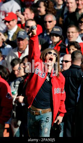 Aerosmith lead singer Steven Tyler sings 'God Bless America' during the  seventh inning stretch of the Red Sox home opener against the Detroit  Tigers at Fenway Park in Boston, Massachusetts on April