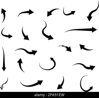 Hand drawn arrow vector icon set. Curved arrows collection. Simple arrow mark icons. Sketch doodle style. Group of pointer. Direction indicators Stock Vector