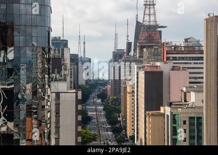 Paulista avenue in Sao Paulo, Brazil - December 30, 2022: Aerial view of Paulista Avenue in downtown Sao Paulo. Stock Photo
