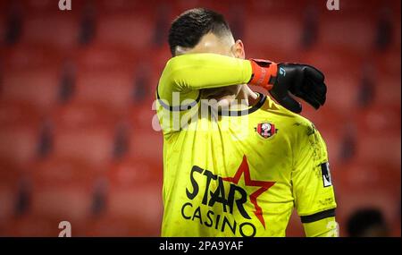 Seraing's goalkeeper Guillaume Dietsch looks dejected during a soccer match between RFC Seraing and Royal Antwerp FC RAFC, Saturday 11 March 2023 in Seraing, on day 29 of the 2022-2023 'Jupiler Pro League' first division of the Belgian championship. BELGA PHOTO VIRGINIE LEFOUR Stock Photo