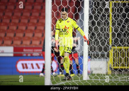 Seraing's goalkeeper Guillaume Dietsch looks dejected during a soccer match between RFC Seraing and Royal Antwerp FC RAFC, Saturday 11 March 2023 in Seraing, on day 29 of the 2022-2023 'Jupiler Pro League' first division of the Belgian championship. BELGA PHOTO VIRGINIE LEFOUR Stock Photo