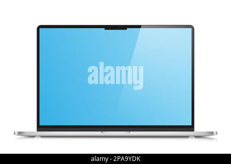 The layout of a modern laptop in a silver thin metal case. Laptop with a blue screen and reflection on a white background. Stock Vector