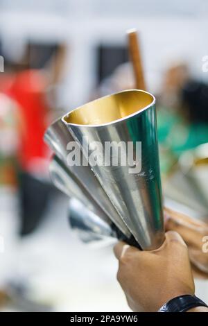 musical instrument known as agogo, during carnival rehearsal in Rio de Janeiro, Brazil. Stock Photo