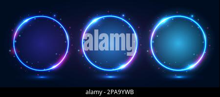 A set of round neon frames with shining effects and highlights on a dark background. Stock Vector