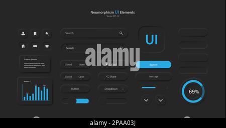 A collection of icons for user interface development in black and blue. Stock Vector
