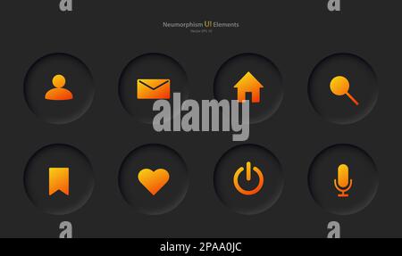 Set of buttons for user interface design in black with yellow elements. Icons for mobile devices in the style of neumorphism, UI, UX. Stock Vector