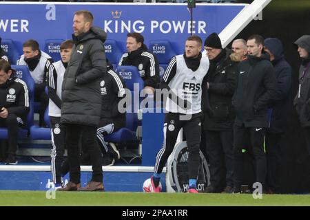 Leicester City's Jamie Vardy looks on as he warms up during the second half of the Premier League match between Leicester City and Chelsea at the King Power Stadium, Leicester on Saturday 11th March 2023. (Photo: John Cripps | MI News) Credit: MI News & Sport /Alamy Live News Stock Photo