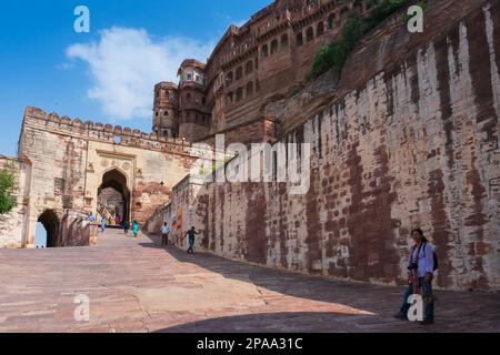 Jodhpur, Rajasthan, India - 19th October 2019 : Tourists visiting famous Mehrangarh fort, ancient stone architecture. UNESCO world heritage site. Stock Photo