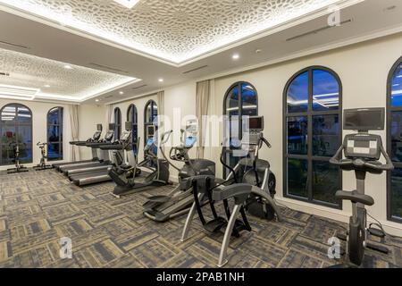 Phu Quoc, Vietnam - January 24, 2018: Fitness center health club gym and exercise equipment in a luxury hotel Vin Pearl located in Phu Quoc, Vietnam. Stock Photo