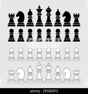Silhouettes of chess pieces. Black and white pieces on a light background. Stock Vector