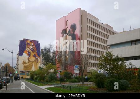 Paris, France - November 21 2017: Series of two murals, located on the Boulevard Vincent Auriol near the Chevaleret subway in the 13th arrondissement Stock Photo