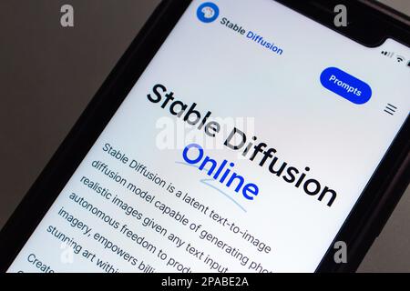 Website of Stable Diffusion in its website on an iPhone. Stable Diffusion is a deep learning, text-to-image AI image synthesis model released in 2022 Stock Photo