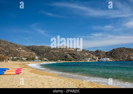 View of water sport equipment at the sandy beach of Mylopotas in Ios Greece Stock Photo