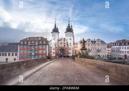 Old Bridge (Alte Brucke) and Bruckentor (Bridge Gate) - Heidelberg, Germany Stock Photo