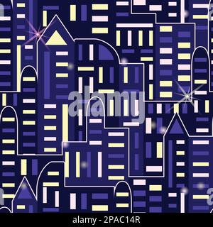 Night city, silhouette of houses with illuminated windows, minimalistic seamless vector pattern Stock Vector