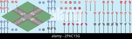 Isometric crossroads, icon set and isometric city traffic signs set Stock Vector