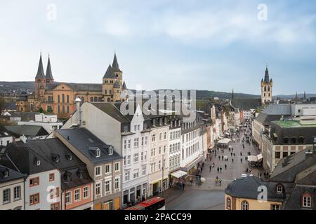 Aerial view of Simeonstrasse street with Trier Cathedral and Saint Gangolf Church - Trier, Germany Stock Photo