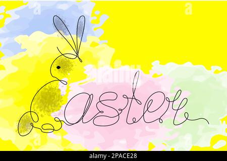 Easter lettering and Easter bunny in one continuous line on a bright watercolor background in spring shades. Line art. Design for greeting, invitation, cards or poster, brochures or banner, price. EPS Stock Vector