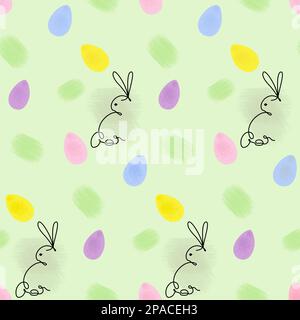 Rabbit in one continuous line and colorful watercolor Easter eggs on a bright background with hand drawn elements. Seamless Pattern. Abstract background texture. Design for wrapping or greeting. EPS Stock Vector