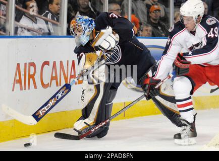 Edmonton Oilers goalie Mathieu Garon gets run into by Columbus Blue  Jackets' Rick Nash during the shoot out in NHL hockey action in Edmonton on  Sunday March 2, 2008. Edmonton beat Columbus