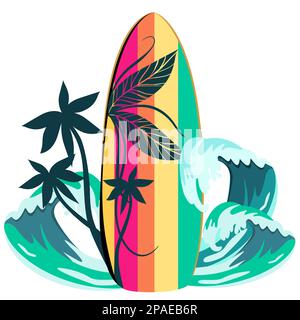 Surfboard with palm trees and waves vector illustration Stock Vector