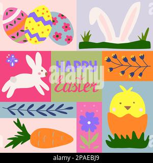 Easter greeting card or poster with eggs, chick, bunny, carrot and flowers, doodle style vector illustration Stock Vector