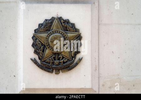Paris, France - September 12 2017: Plaque at the entrance of the Consulate General of Brazil located at 65 Avenue Franklin Delano Roosevelt in Paris. Stock Photo