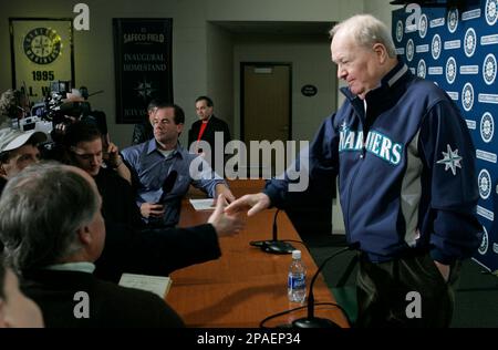 Marilyn Niehaus, wife of former Seattle Mariners sportscaster Dave Niehaus,  arrives during the induction ceremony for former pitcher Félix Hernández  into the Mariners Hall of Fame before a baseball game between the