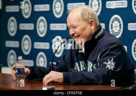 Marilyn Niehaus, wife of former Seattle Mariners sportscaster Dave Niehaus,  arrives during the induction ceremony for former pitcher Félix Hernández  into the Mariners Hall of Fame before a baseball game between the